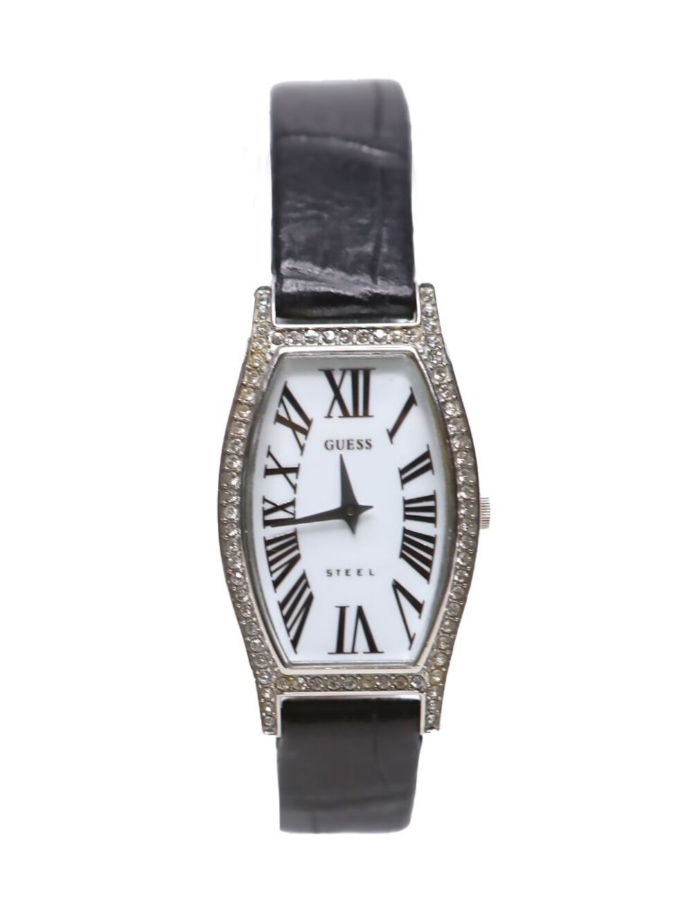 GUESS Steel Watch Silver Tonneau Crystal Bezel Black Leather Faux Croc Band